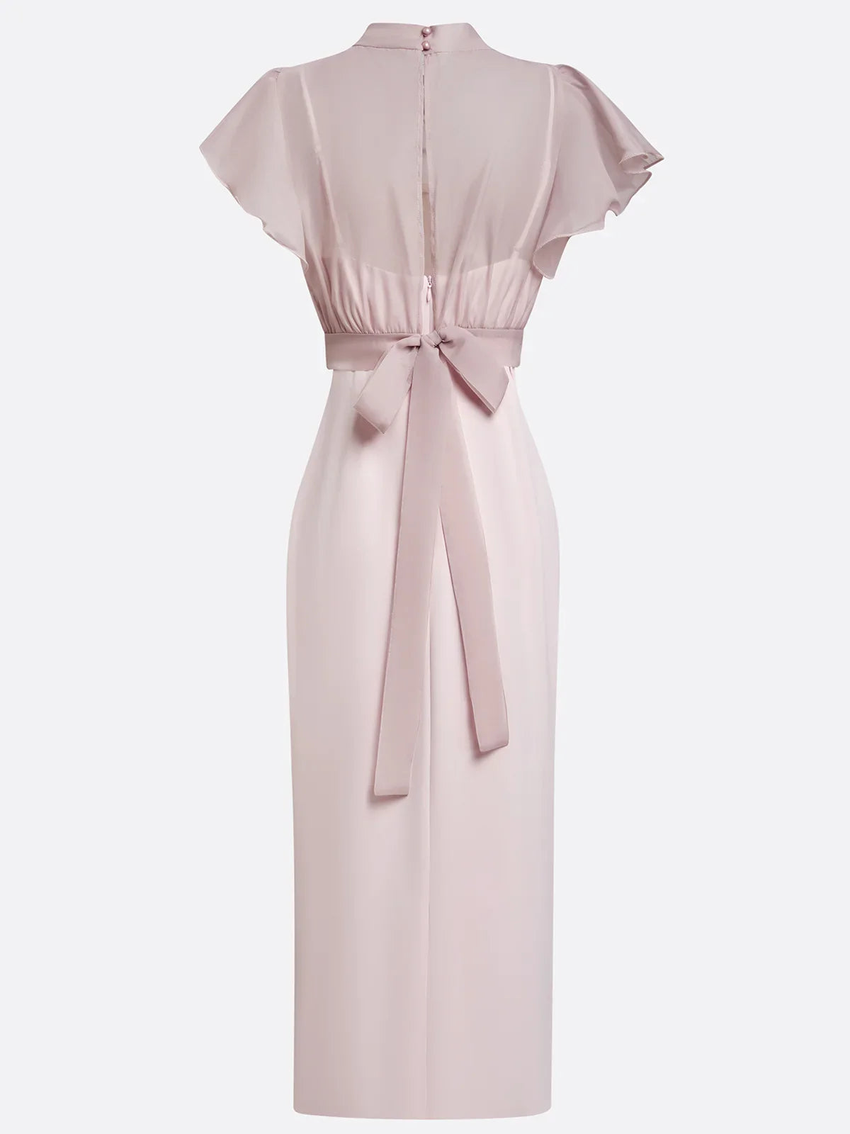 Elegant Pink Midi Dress for Women with Ruffle Sleeve Mock Neck Formal Wedding Guest Style