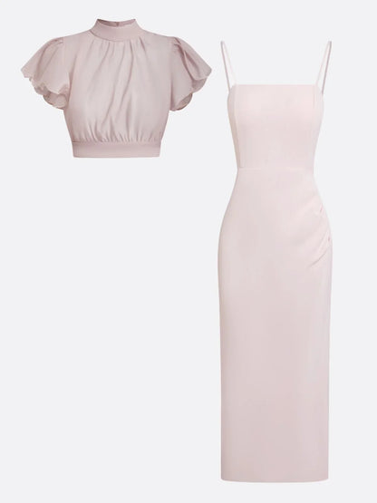 Elegant Pink Midi Dress for Women with Ruffle Sleeve Mock Neck Formal Wedding Guest Style