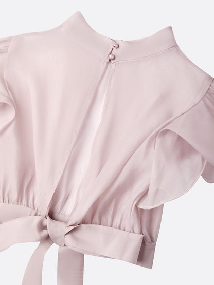 Elegant Pink Midi Dress for Women with Ruffle Sleeve Mock Neck Formal Wedding Guest Style