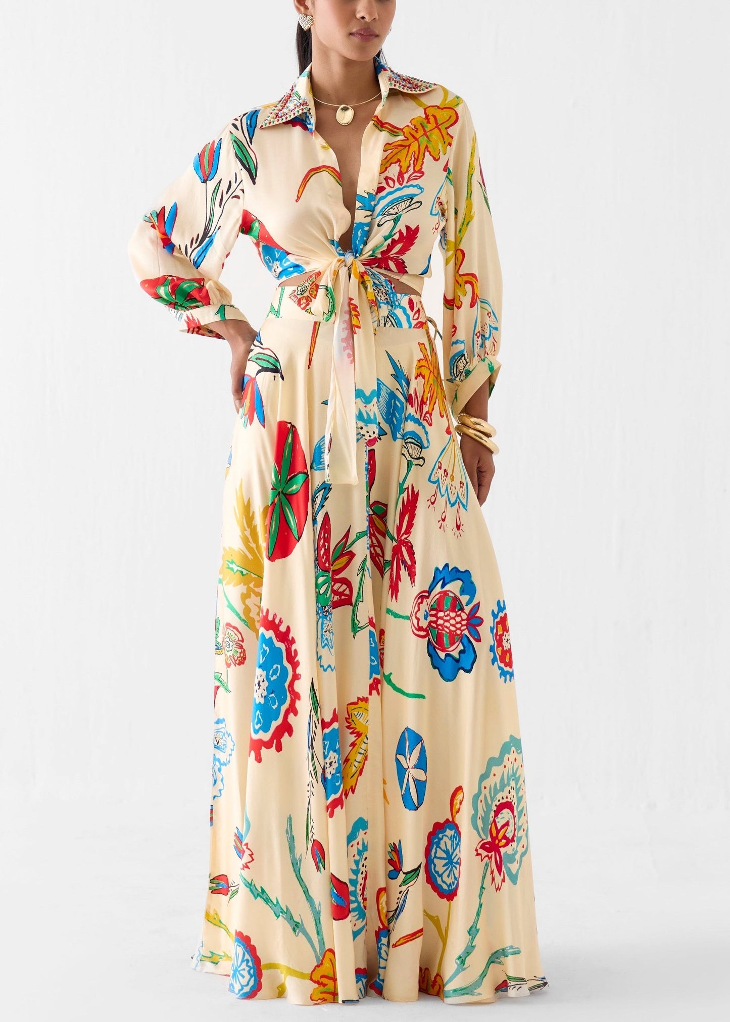 Effortless Beige Floral Print Two Piece Set for Women with Tie Front Shirt and Maxi Skirt