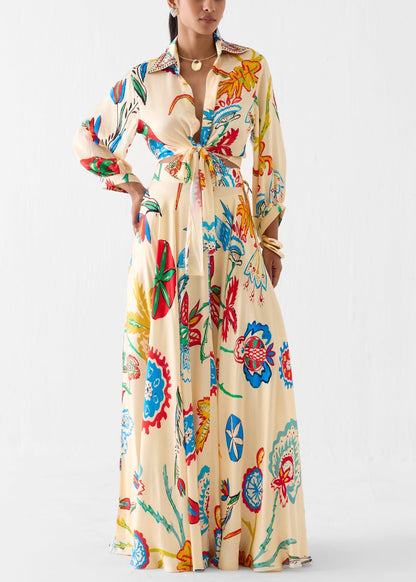 Effortless Beige Floral Print Two Piece Set for Women with Tie Front Shirt and Maxi Skirt