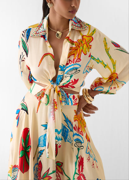 Effortless Beige Floral Print Two Piece Set for Women with Tie Front Shirt and Maxi Skirt