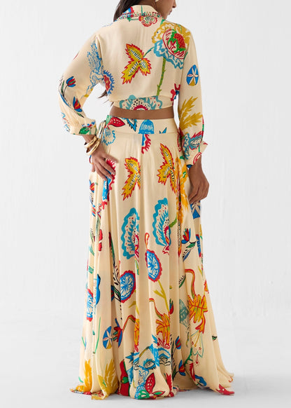 Effortless Beige Floral Print Two Piece Set for Women with Tie Front Shirt and Maxi Skirt