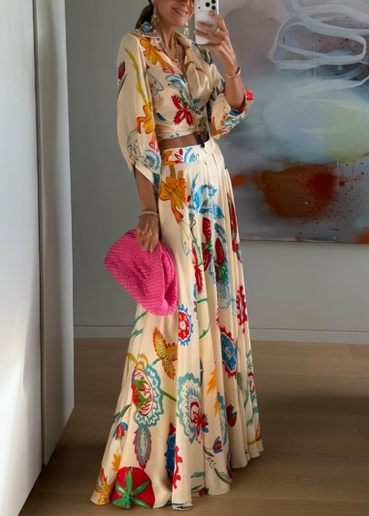 Effortless Beige Floral Print Two Piece Set for Women with Tie Front Shirt and Maxi Skirt