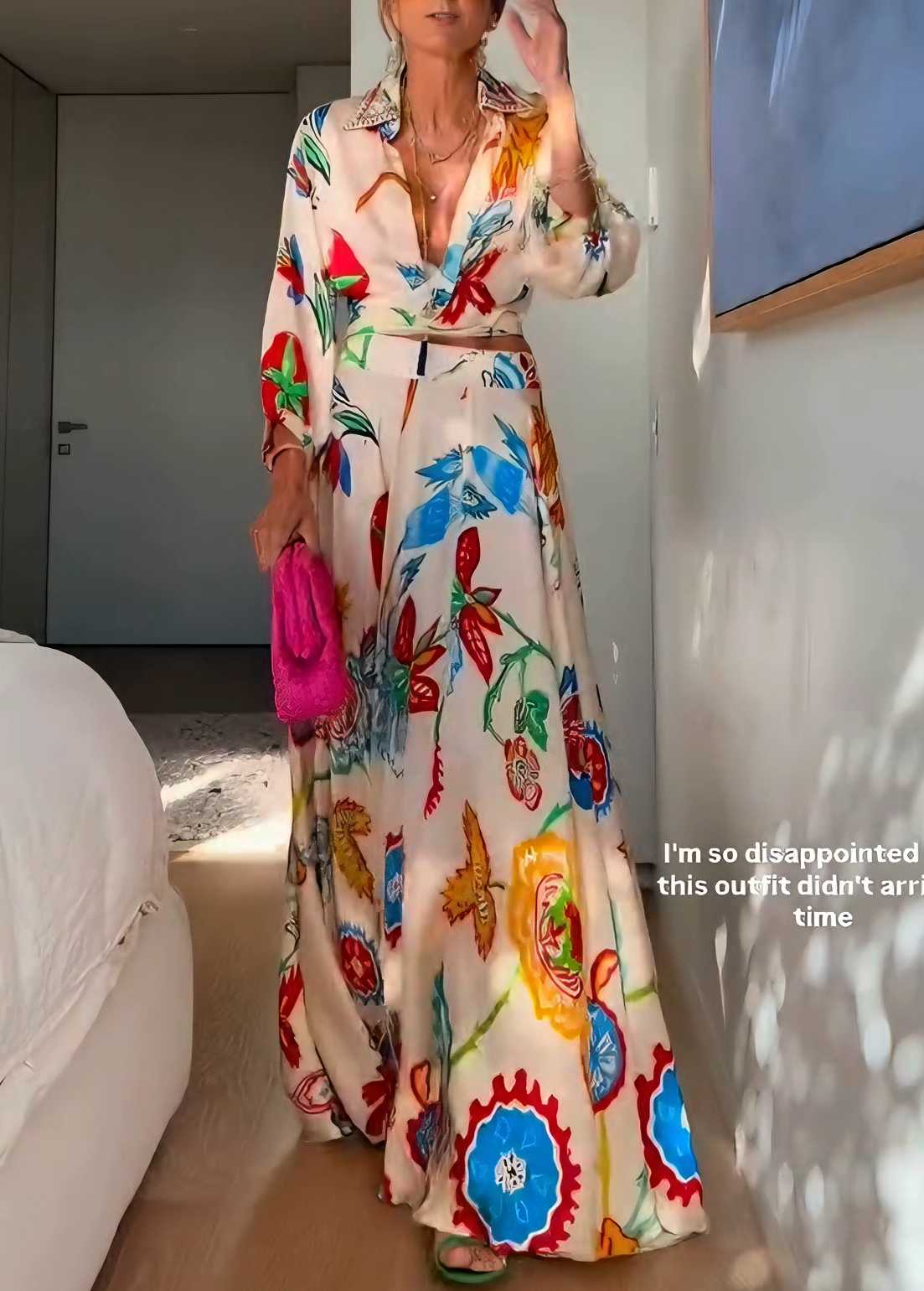 Effortless Beige Floral Print Two Piece Set for Women with Tie Front Shirt and Maxi Skirt