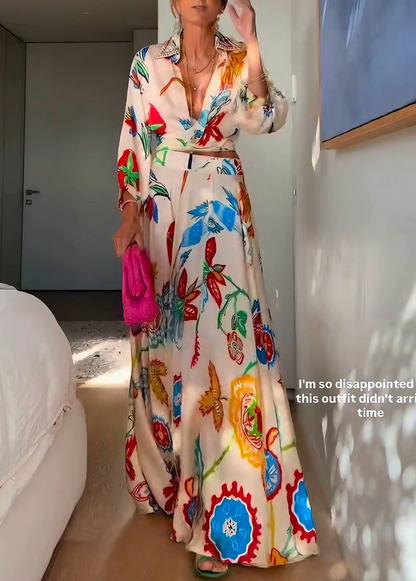 Effortless Beige Floral Print Two Piece Set for Women with Tie Front Shirt and Maxi Skirt