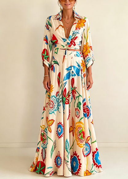 Effortless Beige Floral Print Two Piece Set for Women with Tie Front Shirt and Maxi Skirt