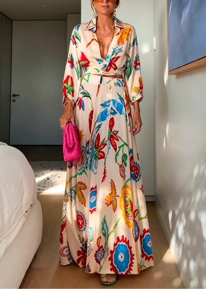 Effortless Beige Floral Print Two Piece Set for Women with Tie Front Shirt and Maxi Skirt