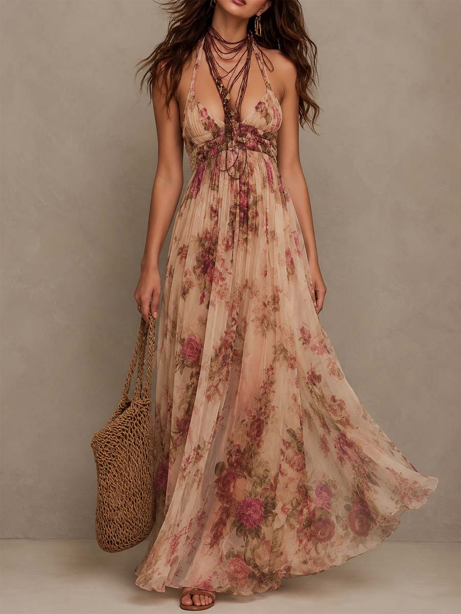 Effortless Floral Maxi Dress for Women with Plunge Neck Halter Tie Waist