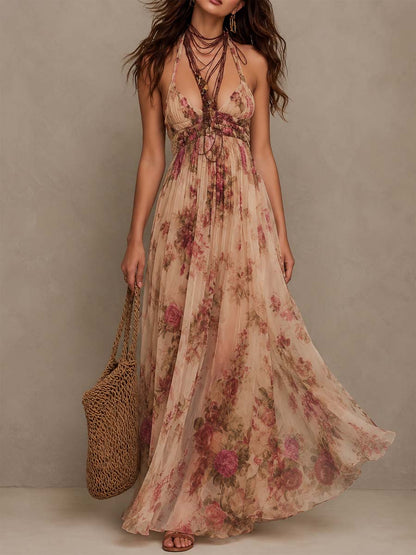 Effortless Floral Maxi Dress for Women with Plunge Neck Halter Tie Waist