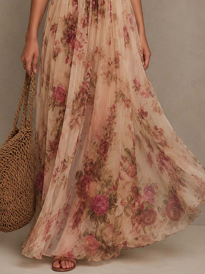 Effortless Floral Maxi Dress for Women with Plunge Neck Halter Tie Waist