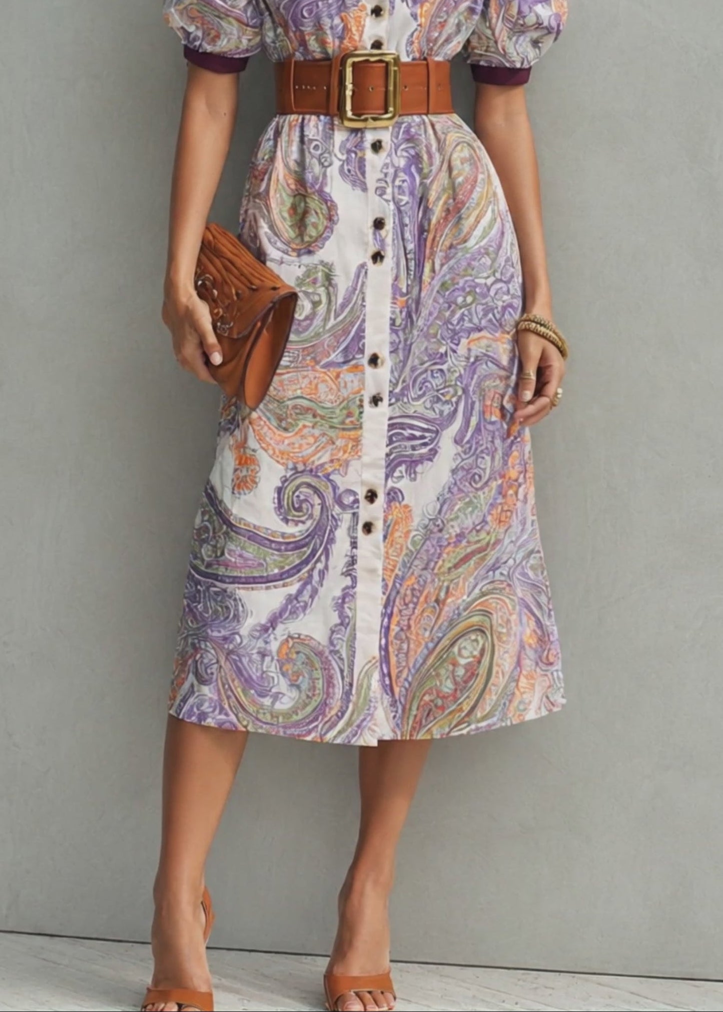 Elegant Purple Swirl Print Shirt Dress for Women with Collared Puff Sleeve Button Front