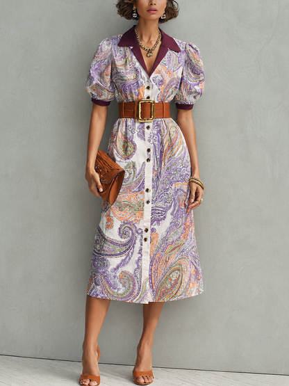 Elegant Purple Swirl Print Shirt Dress for Women with Collared Puff Sleeve Button Front