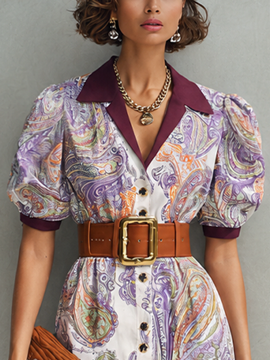 Elegant Purple Swirl Print Shirt Dress for Women with Collared Puff Sleeve Button Front