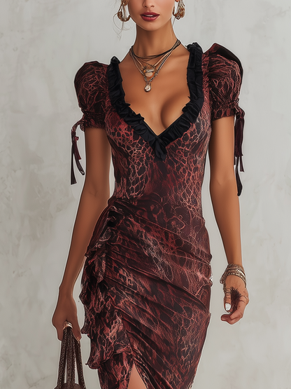Elegant Burgundy Midi Dress for Women with Lace Trim Puff Sleeve Ruched Slit