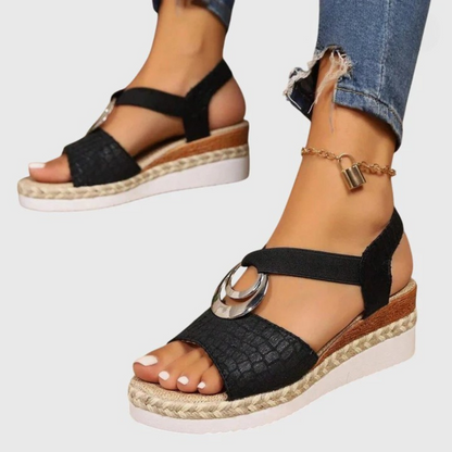 Comfortable Orthopedic Sandals for Women with T-Strap Elastic Band Espadrille Platform Metal Ring Open Toe Style