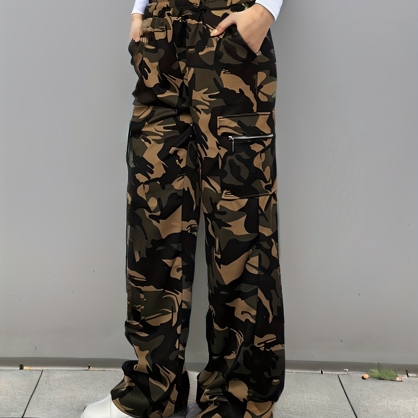 Effortless Camo Pants for Women with High Waist Drawstring Cargo Pocket Wide Leg Style