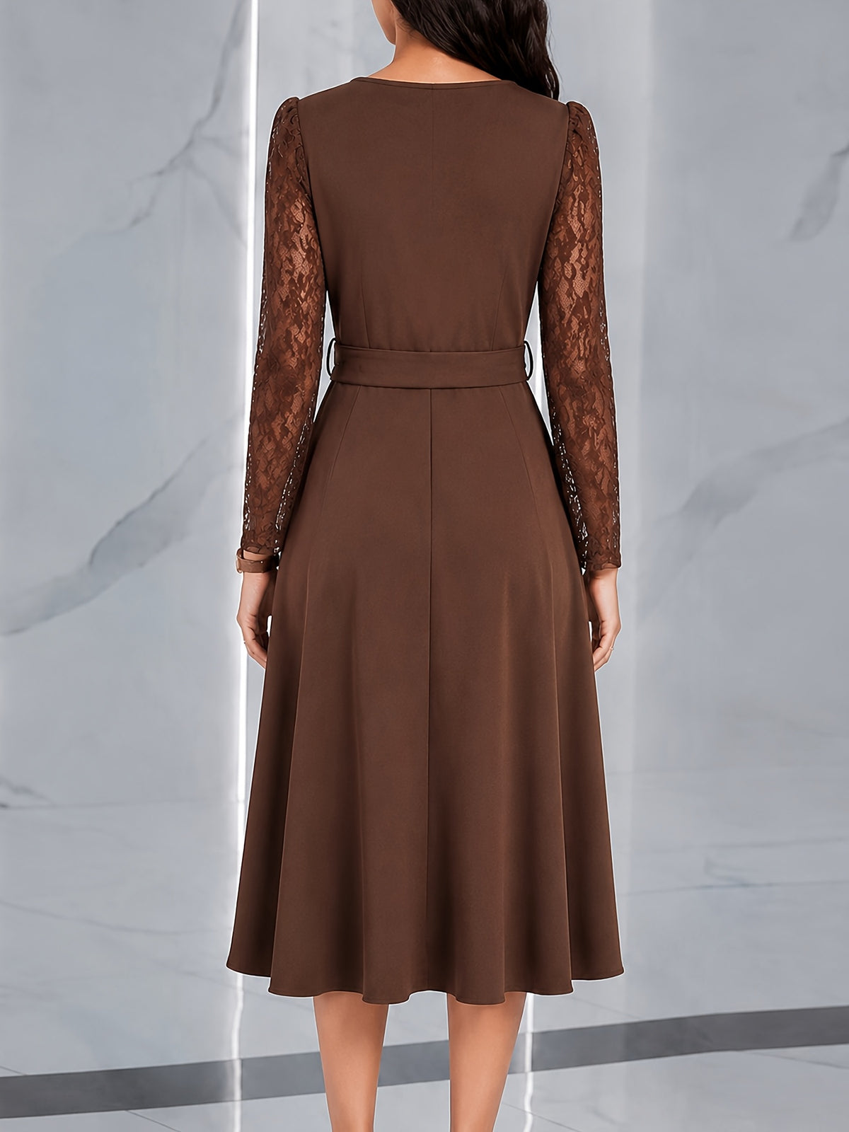 Elegant Brown Semi Formal Dress for Women with V Neck Lace Sleeve Belted Fit and Flare Midi Party Style