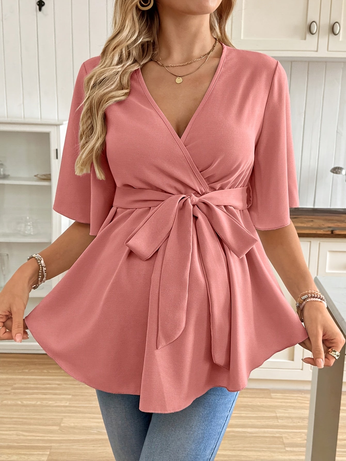 Effortless Maternity Wrap Blouse for Women with V Neck Flutter Sleeve Tie Waist Peplum Style