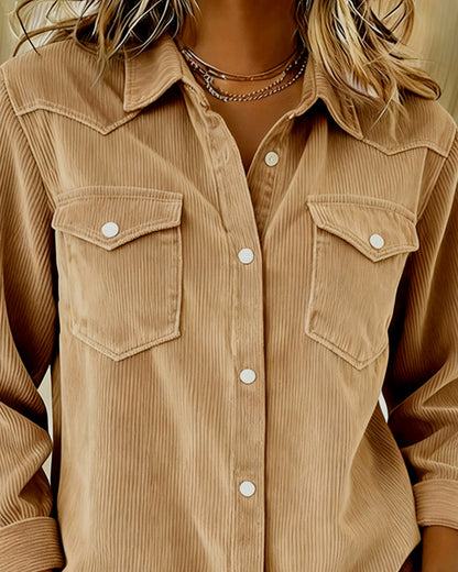 Effortless Corduroy Collar Shirt for Women with Long Sleeve Button Front Chest Pocket Relaxed Style