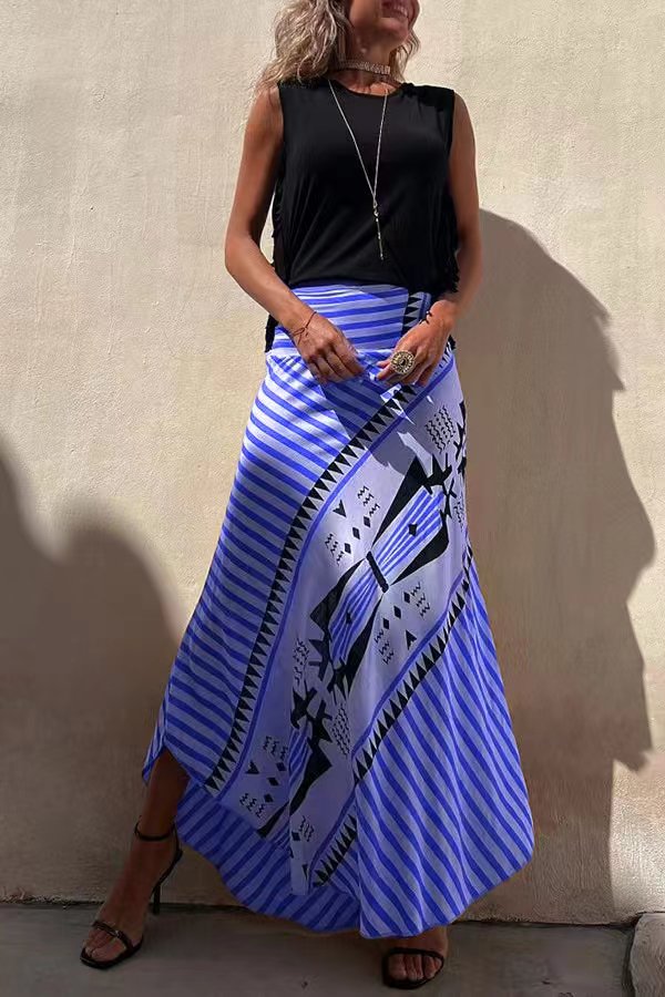 Effortless Geometric Print Maxi Skirt for Women with High Waist Asymmetrical Hem Bohemian Style