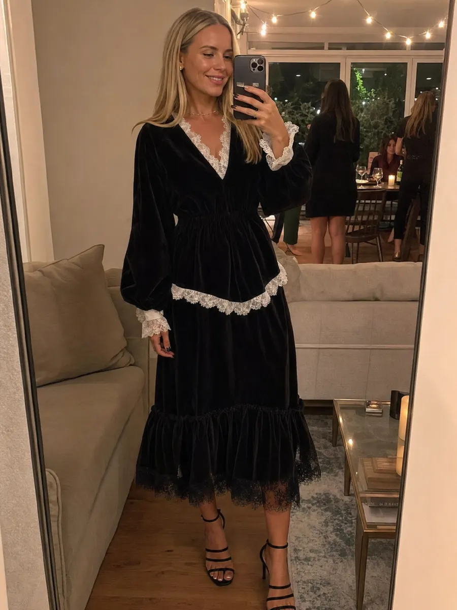 Elegant Black Velvet Peplum Top for Women with V Neck Long Sleeve Lace Trim Ruffle Style