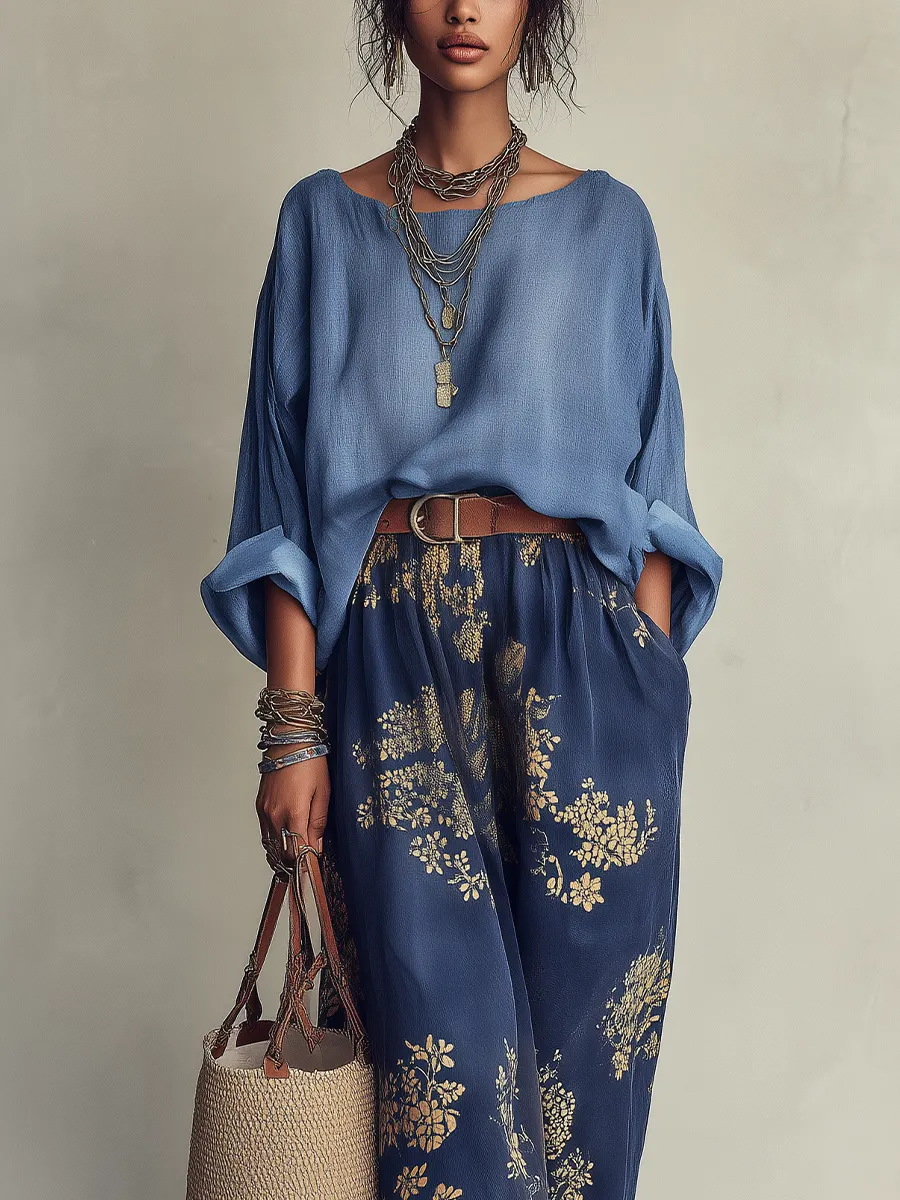 Effortless Navy Floral Maxi Skirt Set for Women with Boat Neck Batwing Sleeve Oversized Blouse Two Piece Style