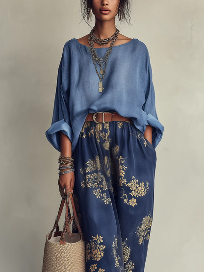 Effortless Navy Floral Maxi Skirt Set for Women with Boat Neck Batwing Sleeve Oversized Blouse Two Piece Style