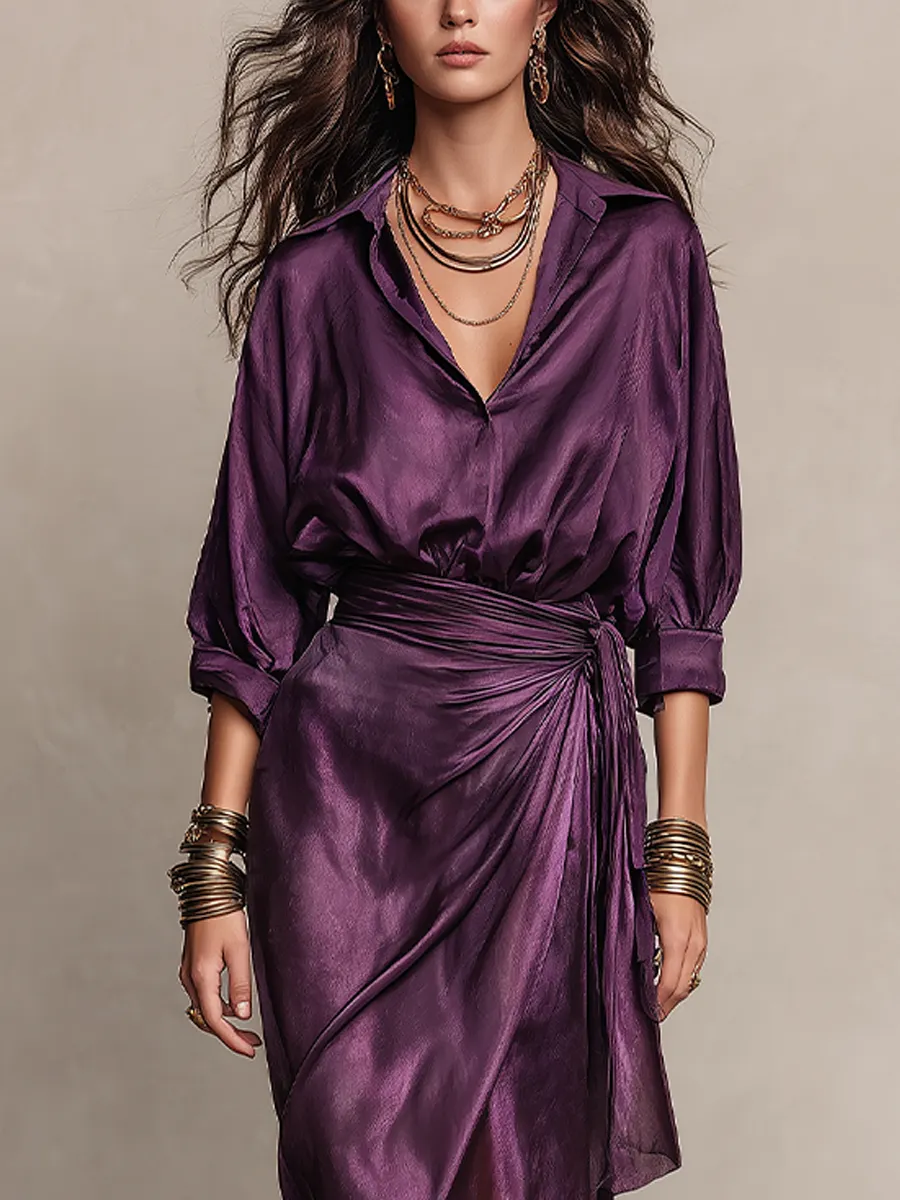 Elegant Purple Dress for Women with Collar V Neck Bell Sleeve Satin Wrap Draped Flowing Style