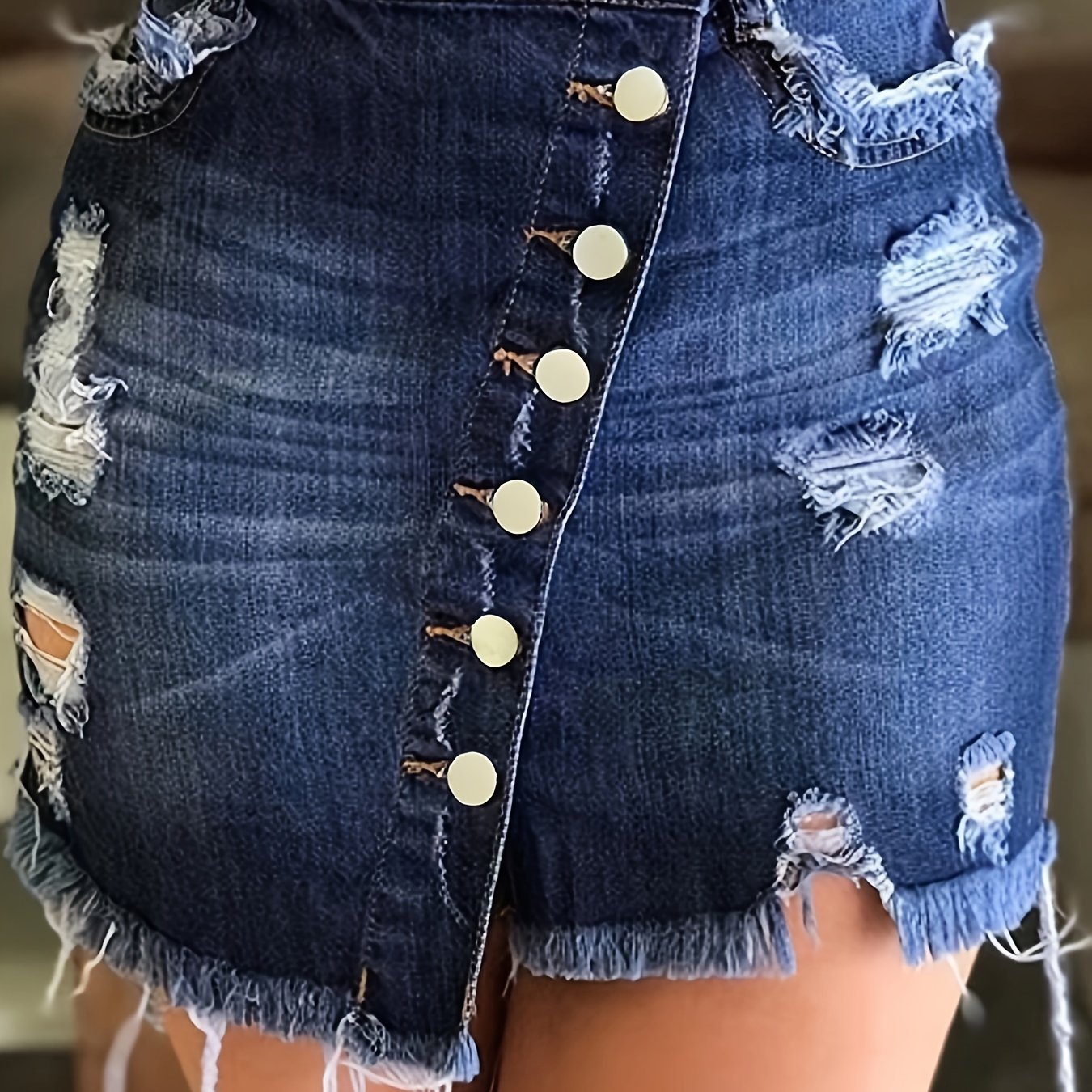 Stylish Blue Denim Mini Skirt for Women with High Waist Ripped Button Front Raw Hem Jean Skirt Style