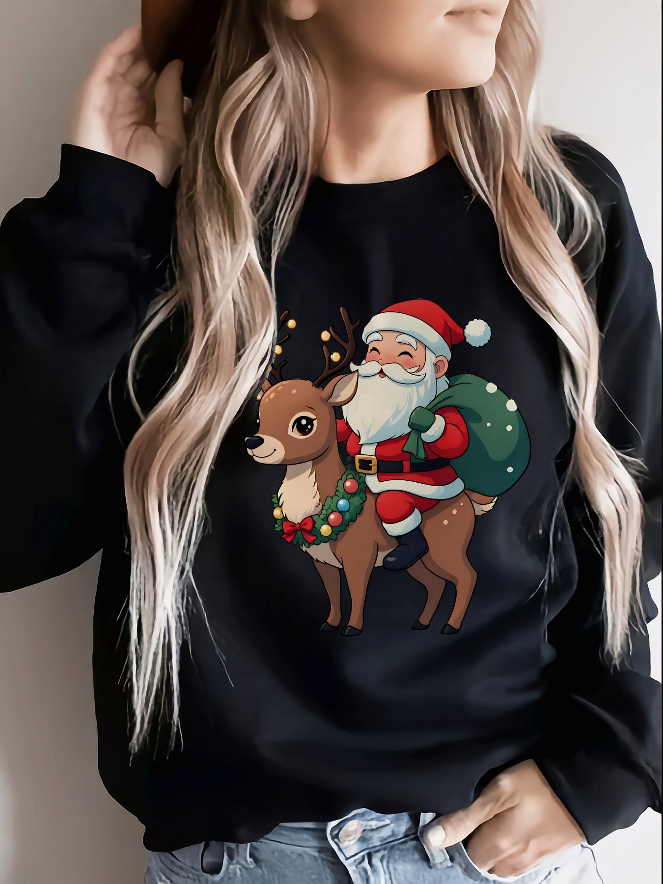 Cozy Graphic Christmas Tacky Sweater for Women with Crew Neck Long Sleeve Santa Reindeer Print Pullover Style
