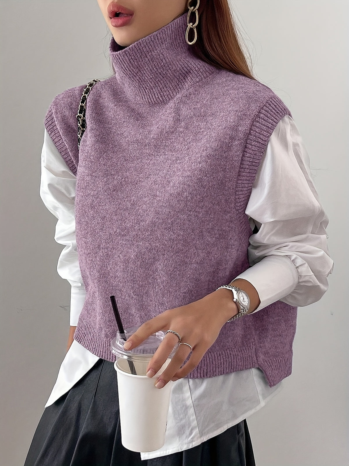 Cozy Sleeveless Turtleneck Vest for Women with High Neck Ribbed Knit Side Slit Style