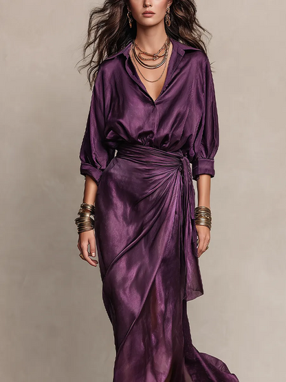 Elegant Purple Dress for Women with Collar V Neck Bell Sleeve Satin Wrap Draped Flowing Style