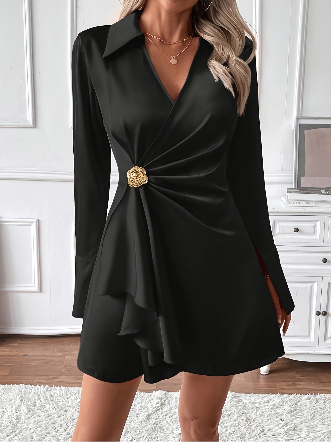 Elegant Black Cocktail Dress for Women with Collar V Neck Long Sleeve Wrap Ruffle Style