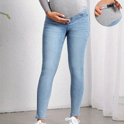 Comfortable Light Blue Maternity Jeans for Women with Elastic Belly Panel Skinny Fit Relaxed Style