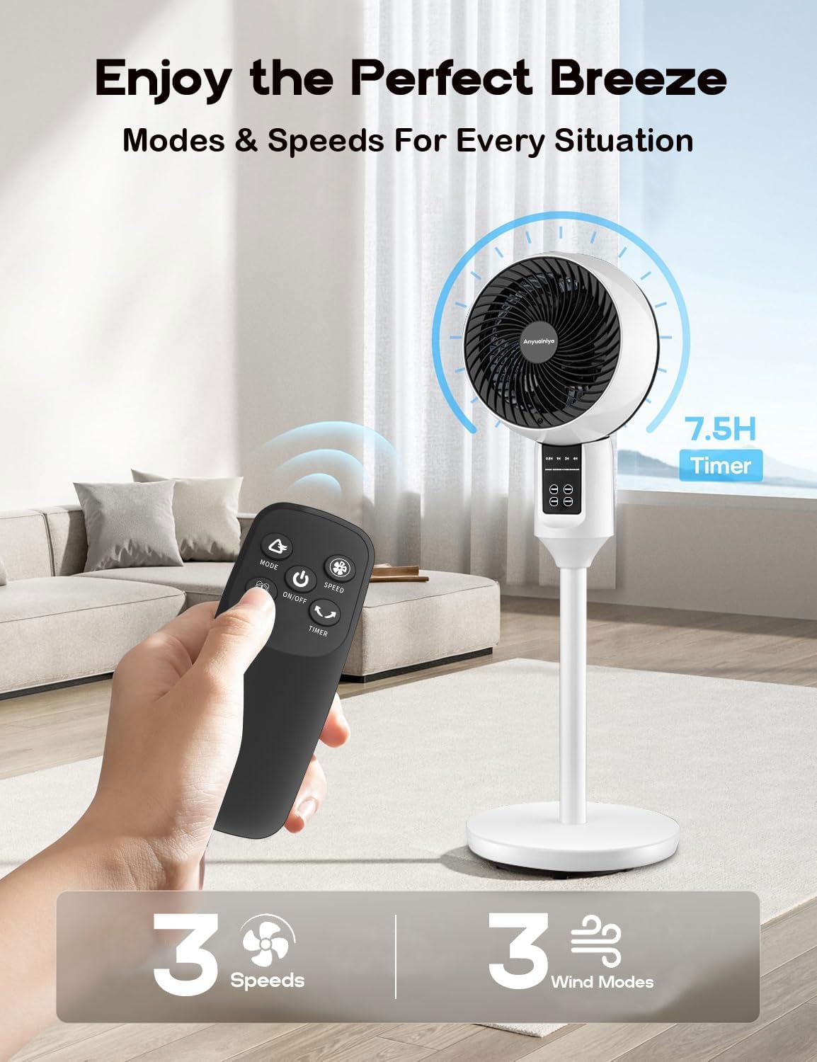 Adjustable Oscillating Stand Fan with 3D Airflow