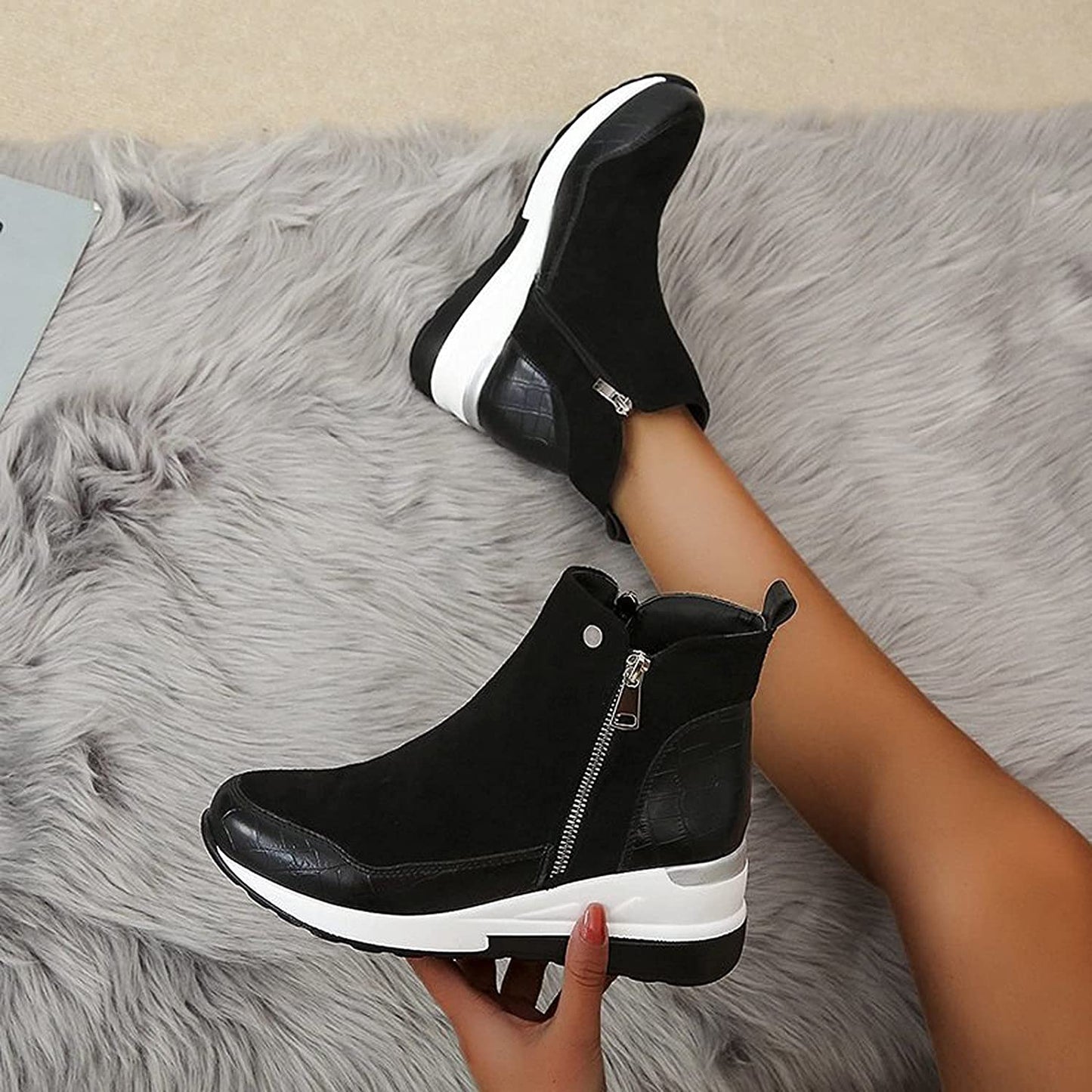 Stylish Brown Boots for Women with Zip Ankle Round Toe Wedge Style