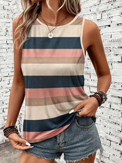 Effortless Striped Colorblock Tank Top for Women with Crew Neck Sleeveless Relaxed Casual Style