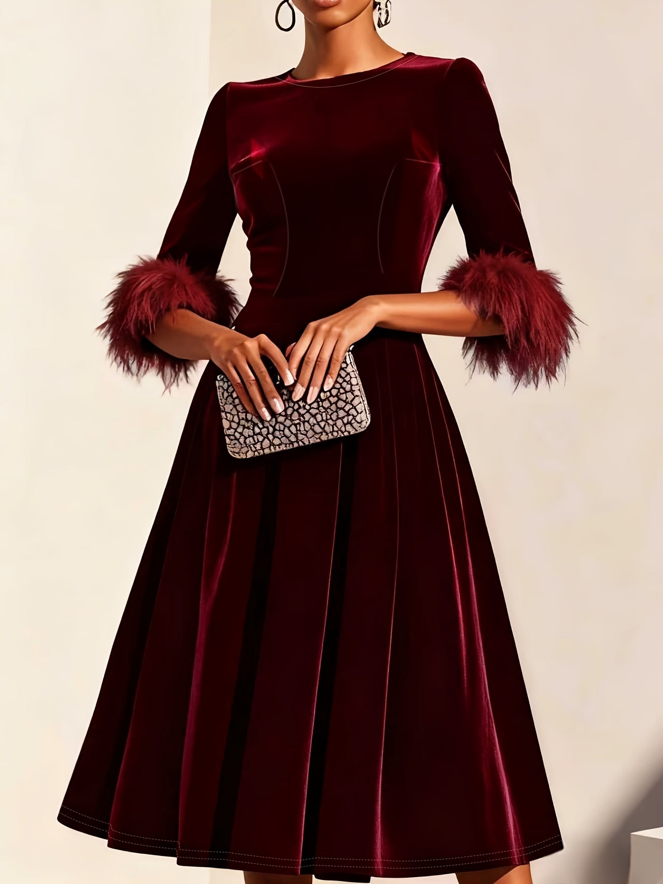 Elegant Velvet Semi Formal Dress for Women with Round Neck Feather Trim Sleeve Fit and Flare Midi Party Style