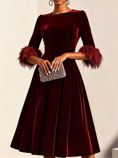 Elegant Velvet Semi Formal Dress for Women with Round Neck Feather Trim Sleeve Fit and Flare Midi Party Style