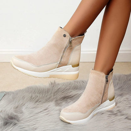 Stylish Brown Boots for Women with Zip Ankle Round Toe Wedge Style