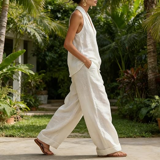 Effortless Linen Tank Top Wide Leg Pant Two Piece Set for Women with Halter Neck Relaxed Casual Style