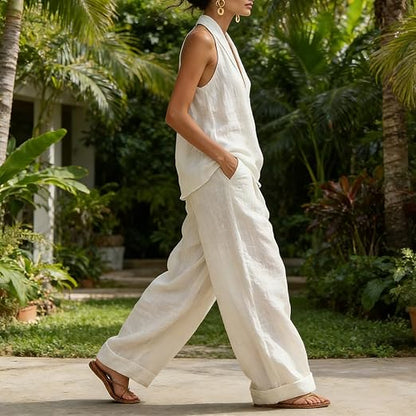 Effortless Linen Tank Top Wide Leg Pant Two Piece Set for Women with Halter Neck Relaxed Casual Style