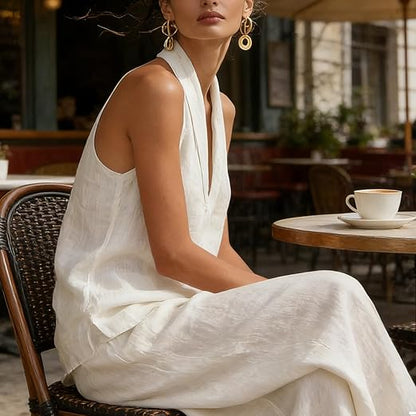 Effortless Linen Tank Top Wide Leg Pant Two Piece Set for Women with Halter Neck Relaxed Casual Style