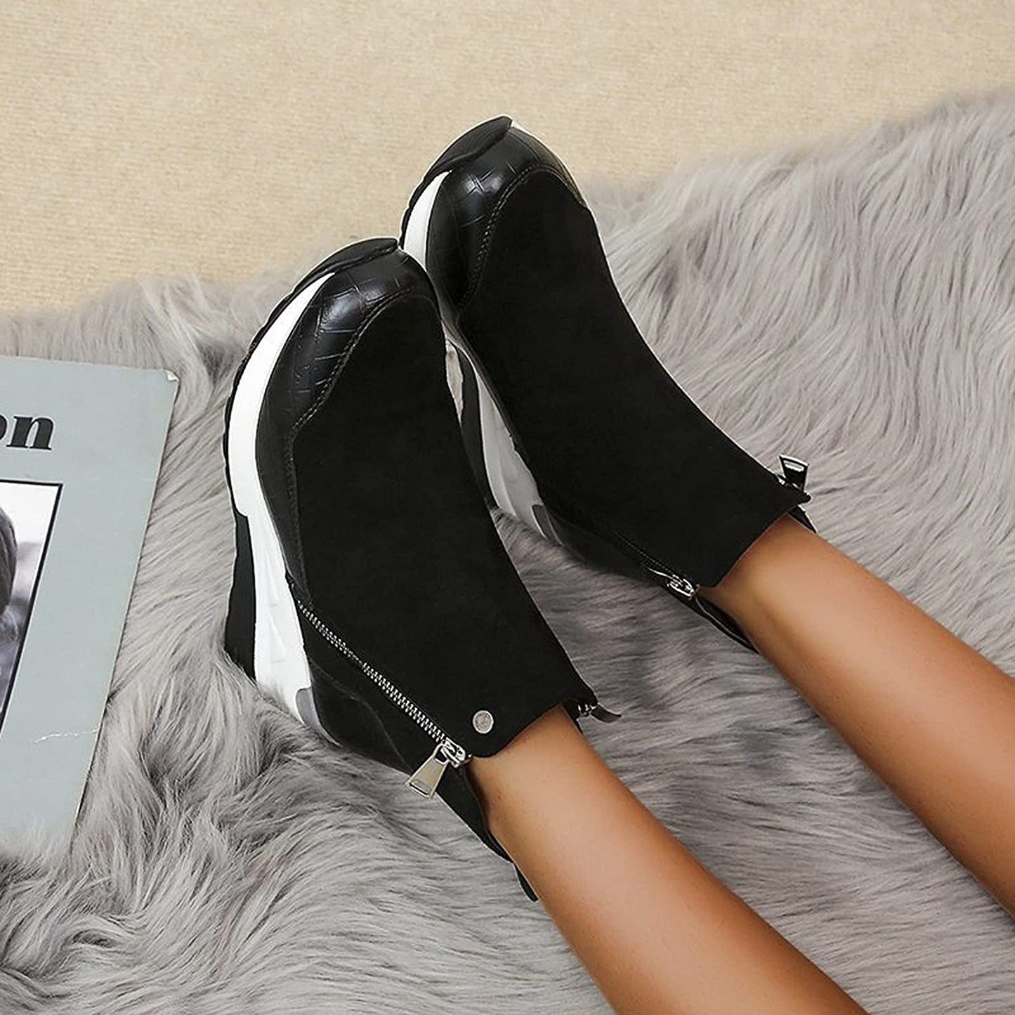 Stylish Brown Boots for Women with Zip Ankle Round Toe Wedge Style