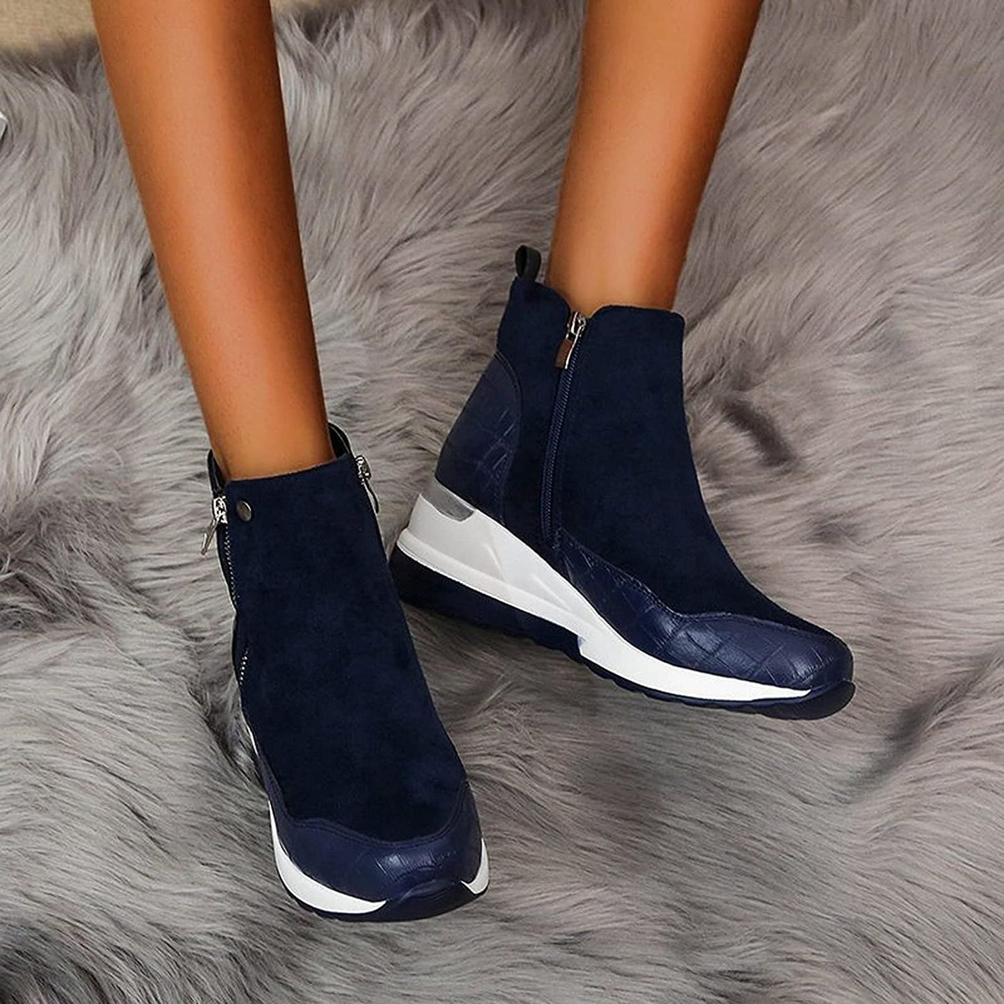 Stylish Brown Boots for Women with Zip Ankle Round Toe Wedge Style