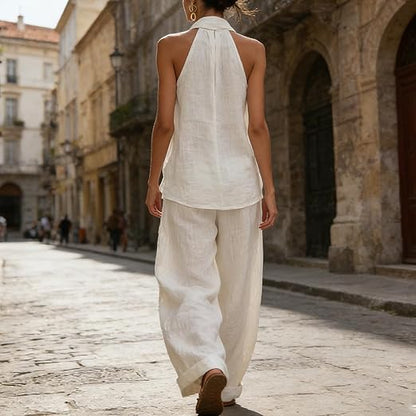 Effortless Linen Tank Top Wide Leg Pant Two Piece Set for Women with Halter Neck Relaxed Casual Style