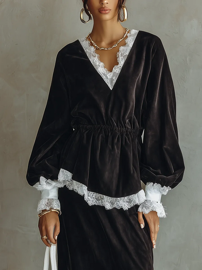 Elegant Black Velvet Peplum Top for Women with V Neck Long Sleeve Lace Trim Ruffle Style