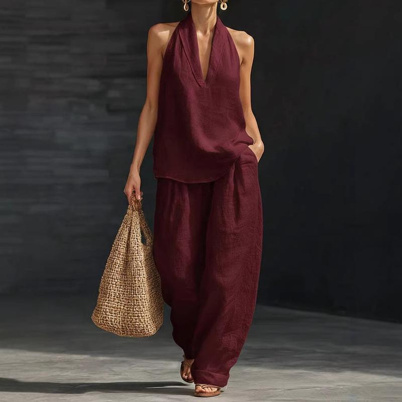 Effortless Linen Tank Top Wide Leg Pant Two Piece Set for Women with Halter Neck Relaxed Casual Style