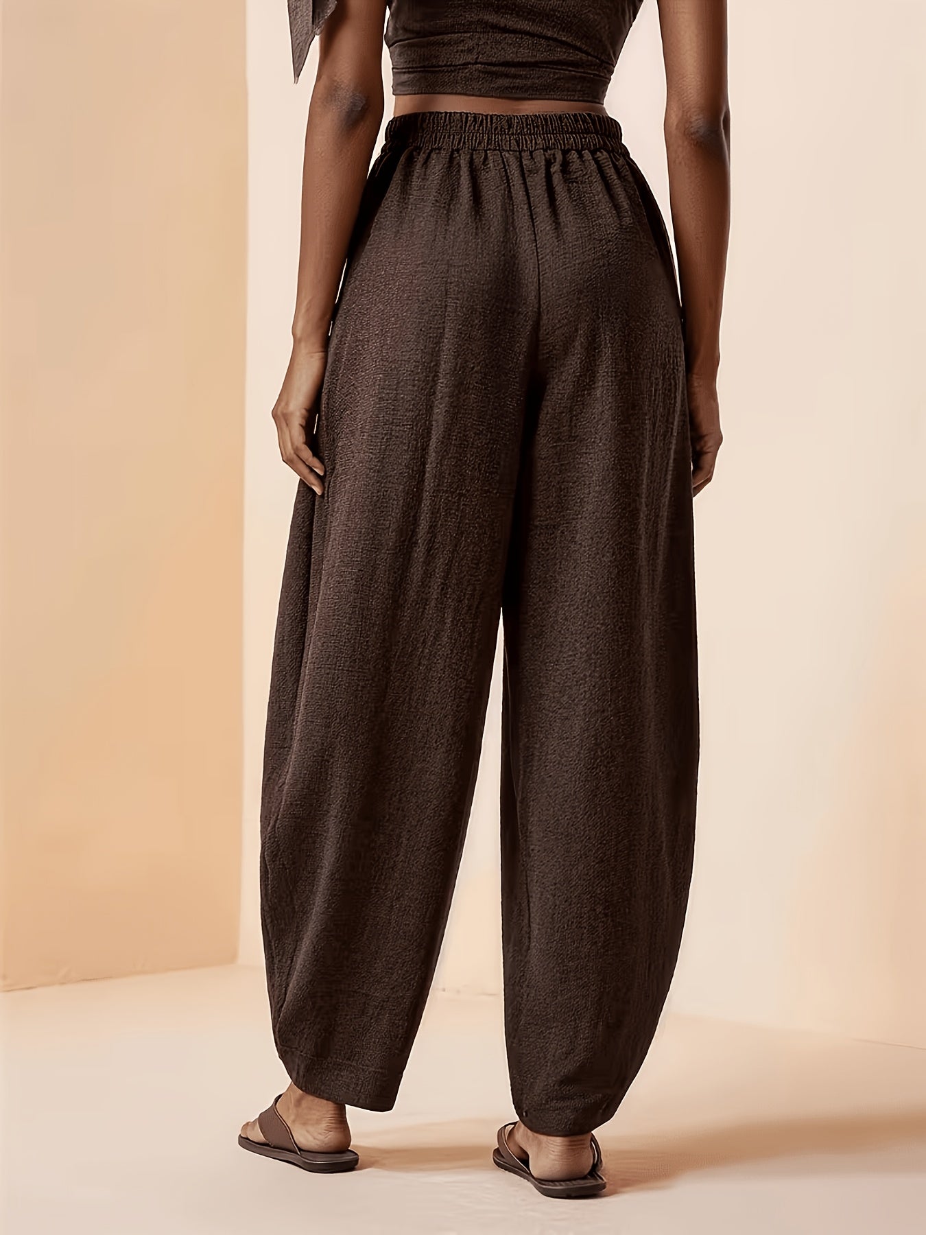 Effortless Coffee Brown Linen Harem Pants for Women with High Waist Pleated Tapered Ankle